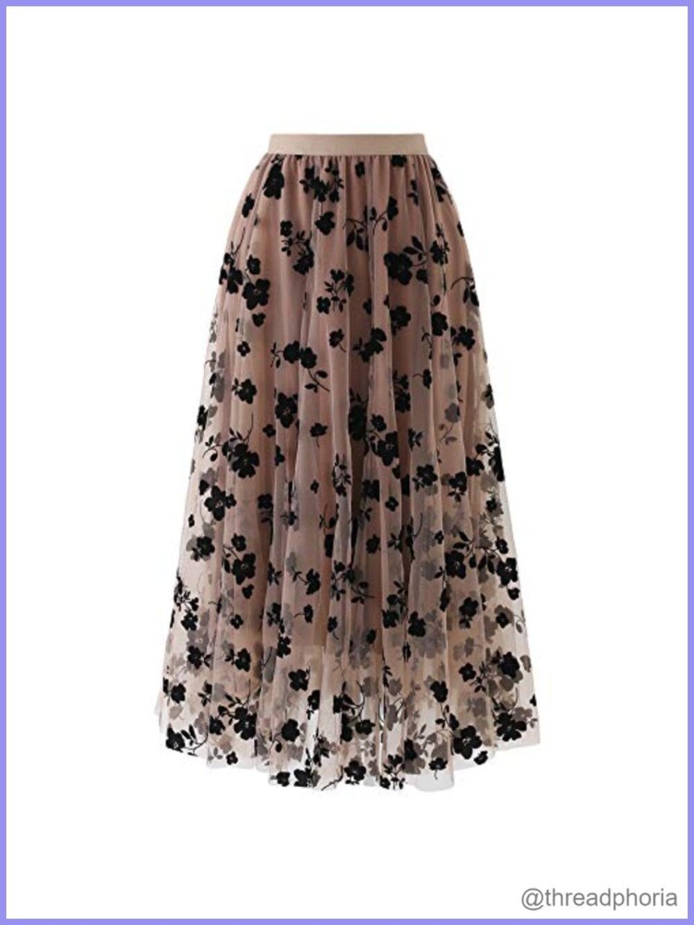 3D Posy Double-Layered Mesh Midi Skirt Elastic Waist A-Line Party